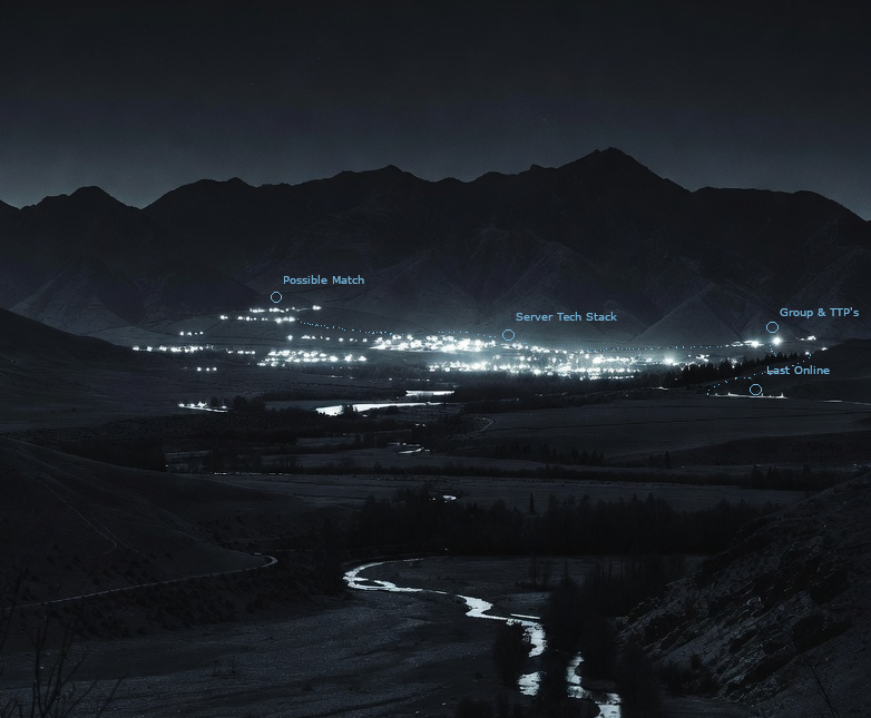 Night mountain valley with illuminated infrastructure labels over distant lights.